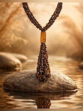 Vintage Tiger’s Eye & Gold Foil Statement Tassel Necklace